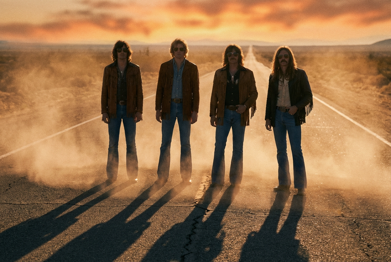 alt text: Four silhouetted figures standing on a sun-drenched desert road evoking a 70s rock band album cover