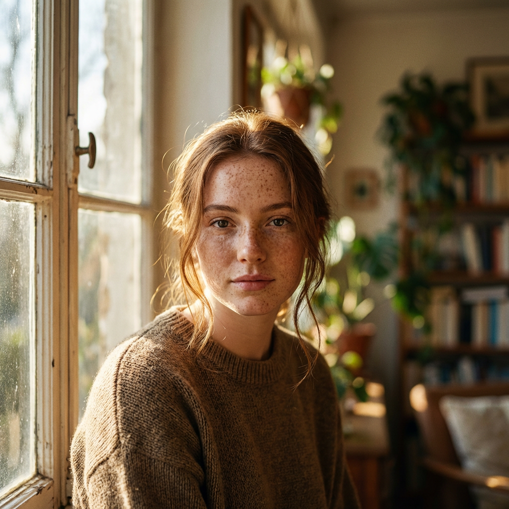 Ultra photorealistic AI portrait of a woman with freckles in natural sunlight, shallow depth of field, magazine quality