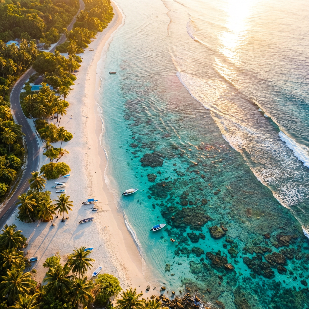 Hyperrealistic aerial photograph of a tropical coastline with turquoise water and white sand, golden hour drone shot
