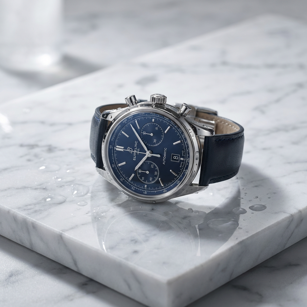 Photorealistic close-up of a luxury wristwatch with perfect reflections and water droplets, studio product photography