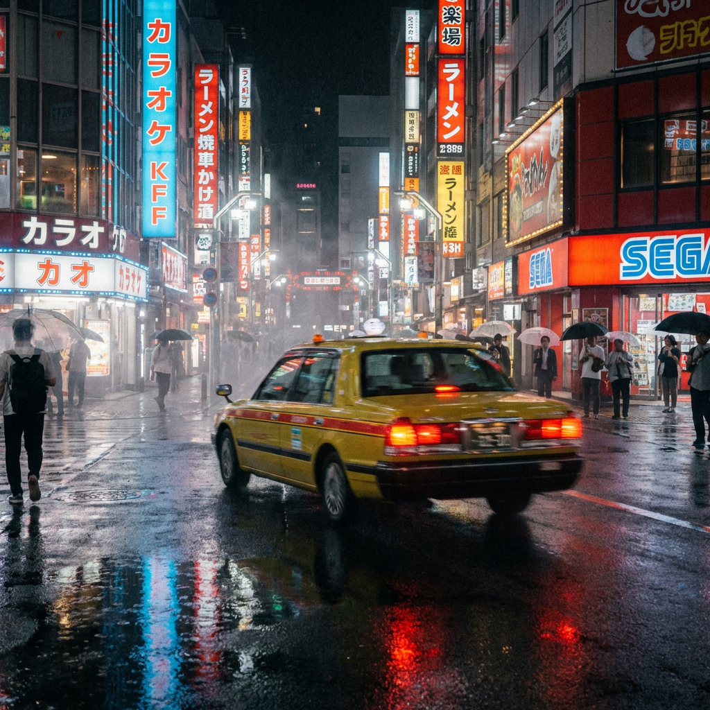 Ultra-realistic street photography of rainy Tokyo night with neon reflections on wet pavement, atmospheric fog