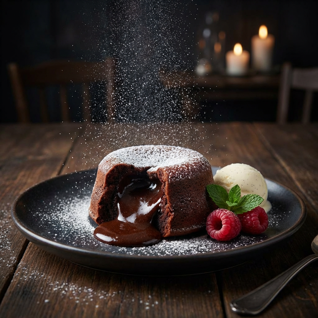 Hyperrealistic food photography of a gourmet chocolate lava cake with raspberries, Michelin star plating