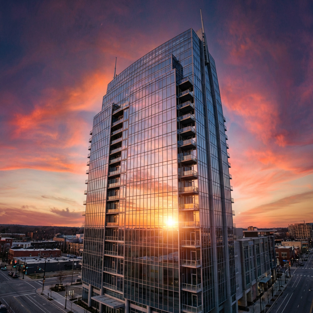 Photorealistic architectural photograph of a modern glass skyscraper reflecting sunset clouds, dramatic perspective