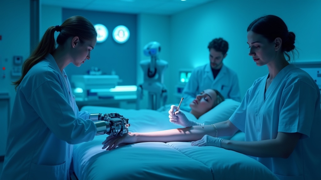 El Robot Aletta extracción sangre preparando a un paciente para la punción.