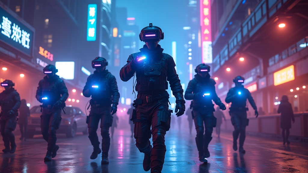 Jugador inmerso en la experiencia de Cyberpunk 2077 VR en un centro Zero Latency equipado con arma y visor