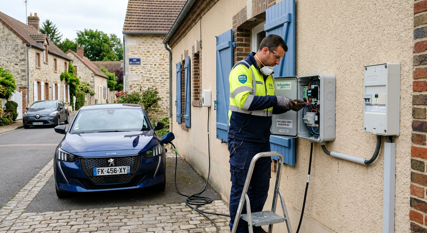 Installateur IRVE travaillant sur une borne de recharge électrique murale pour véhicule électrique dans un parking privé attenant