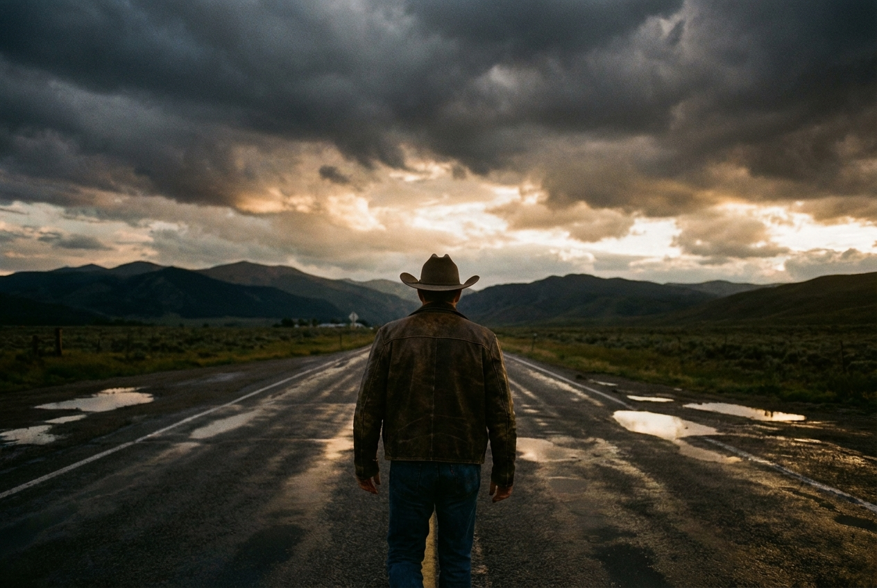 alt text for a cinematic AI-generated cowboy walking down a rain-soaked highway at dusk
