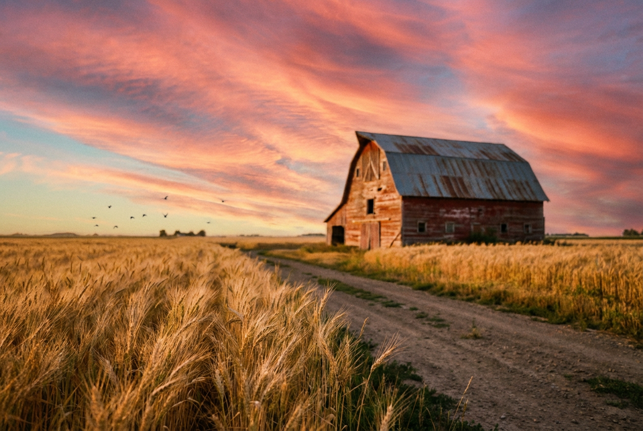 alt text for an AI-generated country landscape with golden wheat field and barn