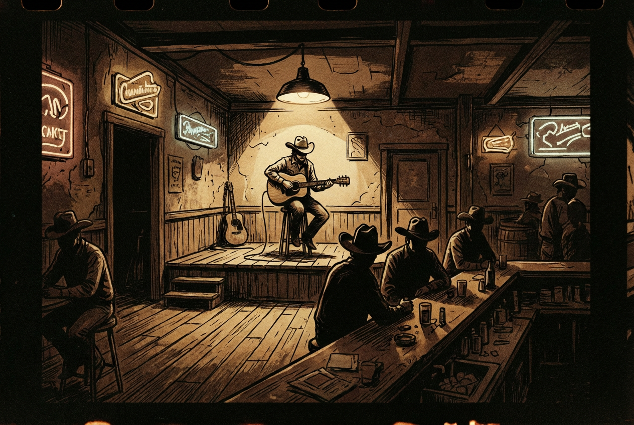 alt text for a comic-book style illustration of a country music scene