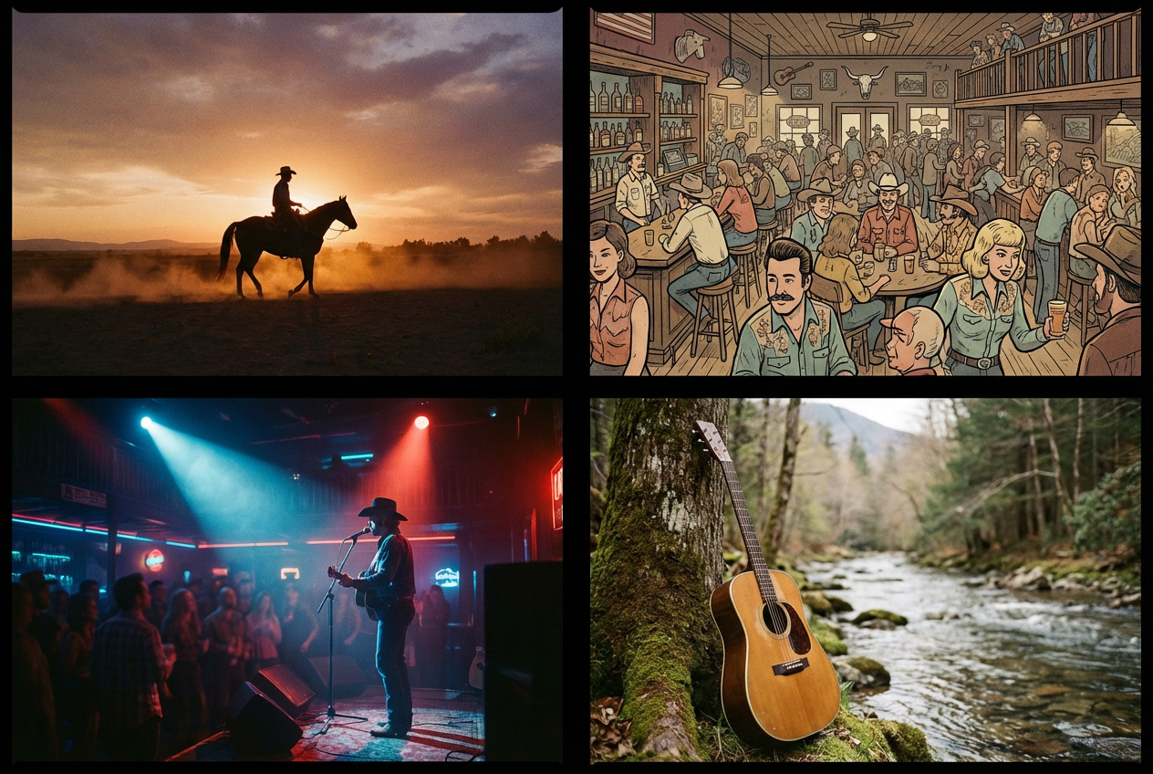 alt text for a split-screen comparison showing different AI country video styles
