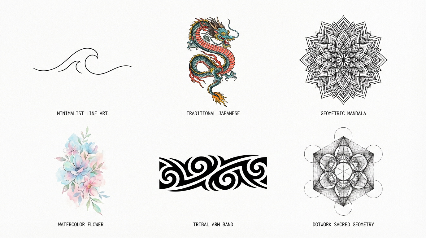 Collection of beautiful AI-generated tattoo designs in different styles - minimalist line art, Japanese dragon, geometric mandala, watercolor flower, tribal arm band, and dotwork sacred geometry