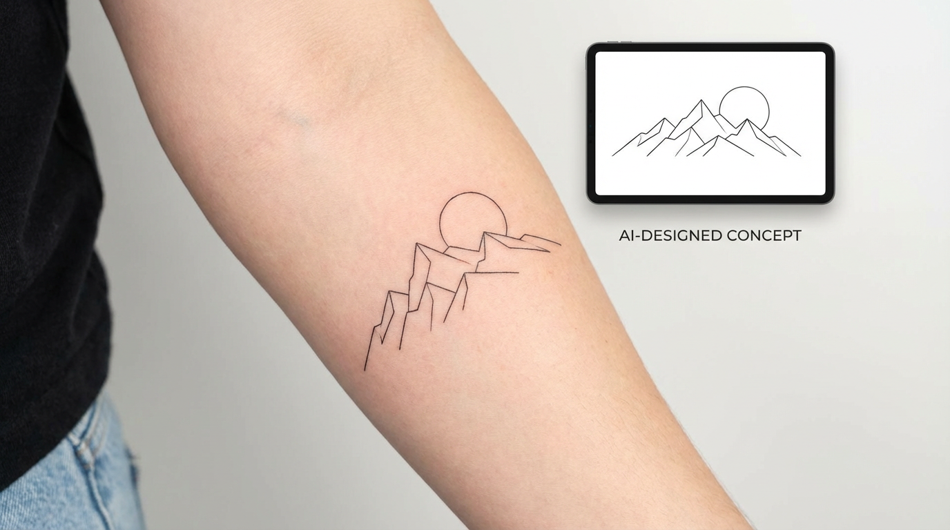 AI-generated minimalist tattoo design on forearm showing fine line art of a mountain range with sun, clean elegant style