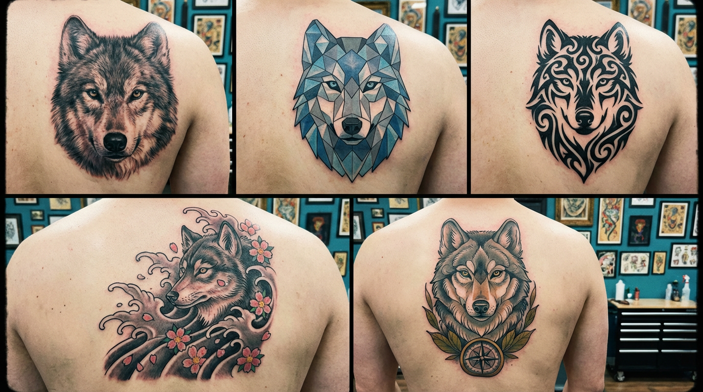 Multiple AI tattoo design variations for a wolf theme in different art styles - realistic portrait, geometric, tribal, Japanese traditional, and neo-traditional
