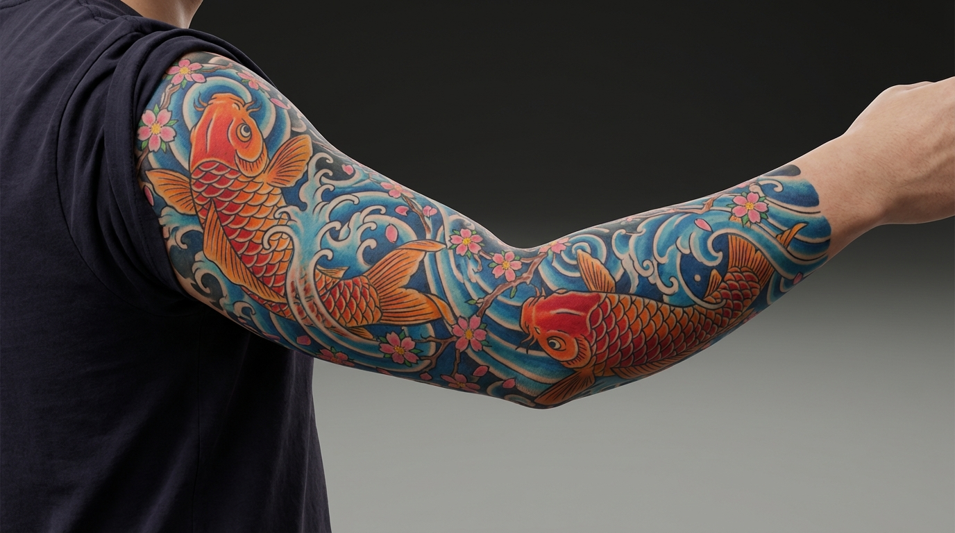 AI-generated Japanese style full sleeve tattoo design featuring koi fish, cherry blossoms, and waves with vibrant traditional colors