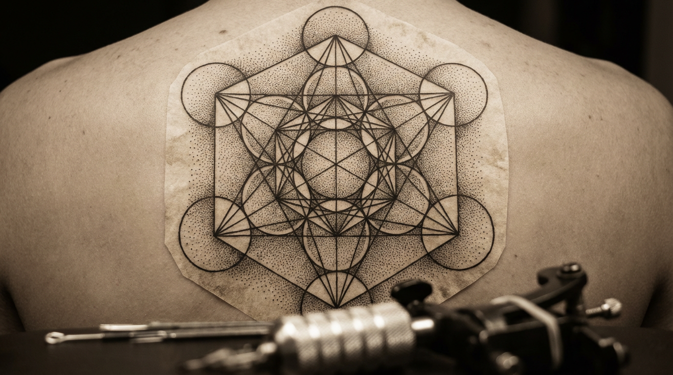 AI-generated geometric sacred geometry tattoo design with intricate mandala pattern and dotwork technique, perfectly symmetrical
