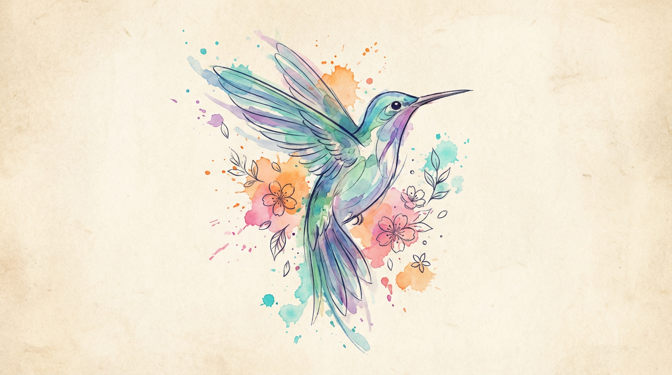 AI-generated watercolor style tattoo design of a hummingbird with colorful paint splashes and delicate flower elements