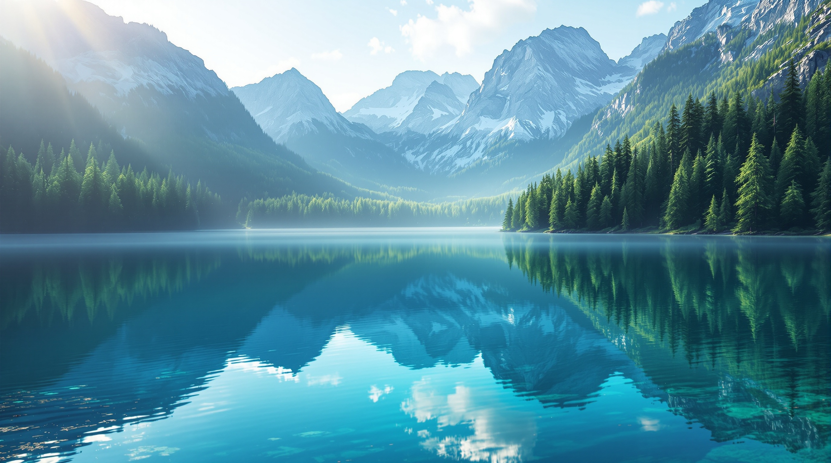 새벽빛이 감도는 고요한 산속 호수와 숲 풍경, 장 건강을 넘어선 전신 건강과 웰빙 라이프스타일 암시