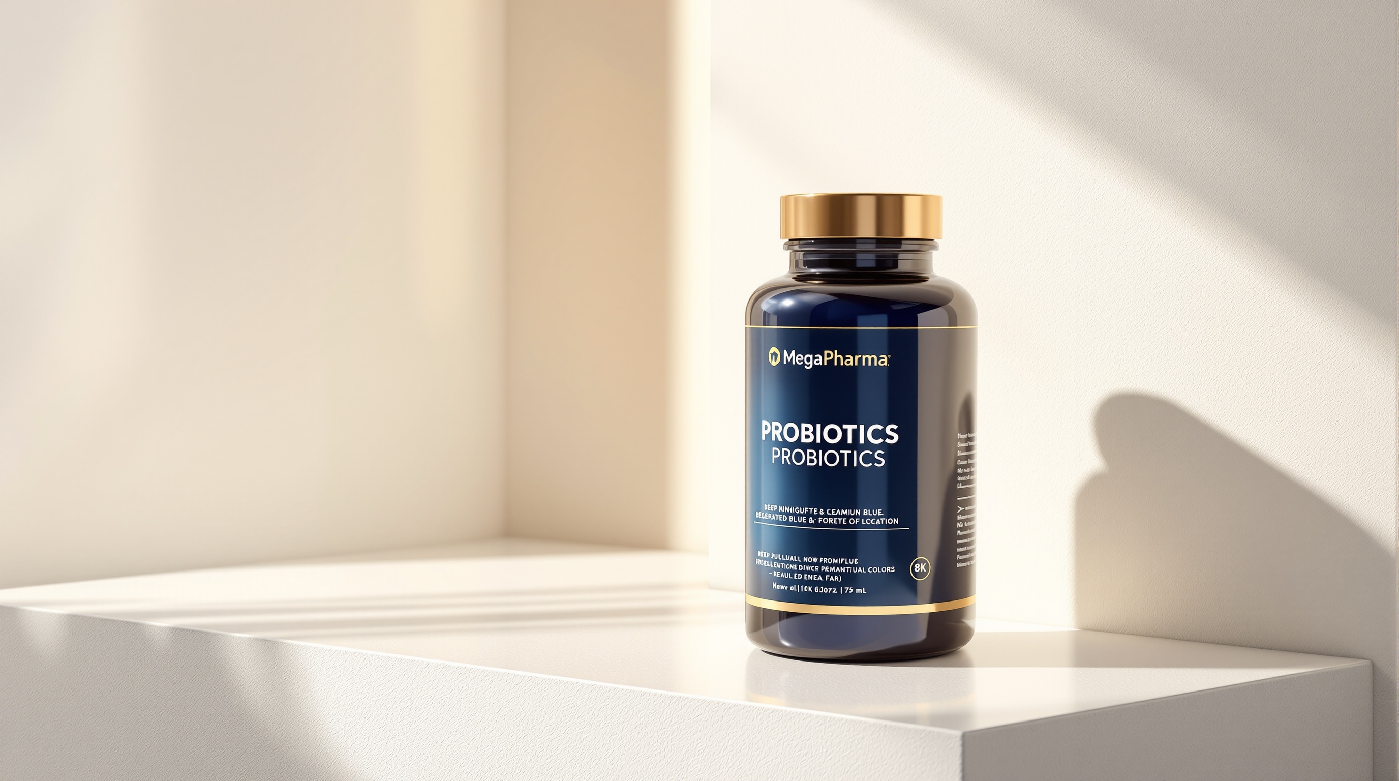 식약처 인증을 상징하는 메가파마 프로바이오틱스 제품의 깨끗하고 신뢰감 있는 스튜디오 샷