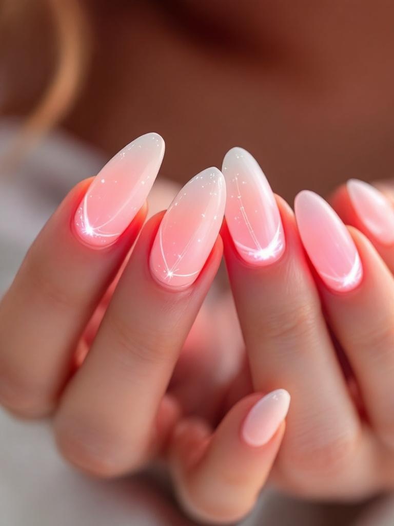 Almond-shaped LED nails glowing pink, studio shot