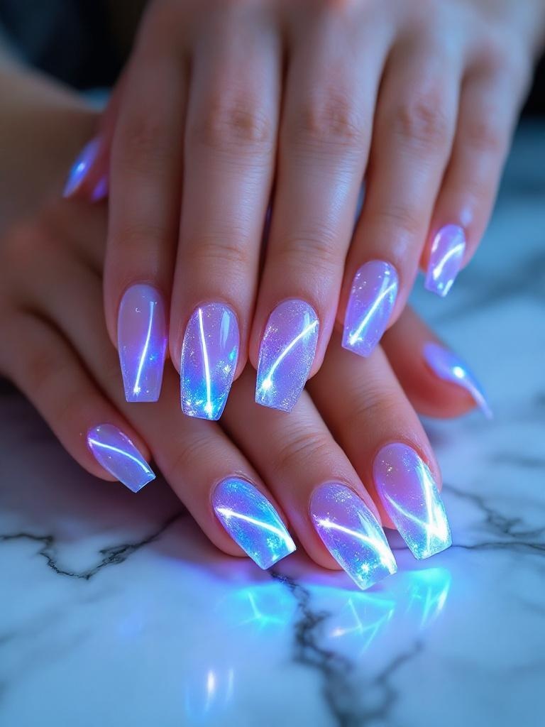 Coffin-shaped LED nails glowing ice blue on marble