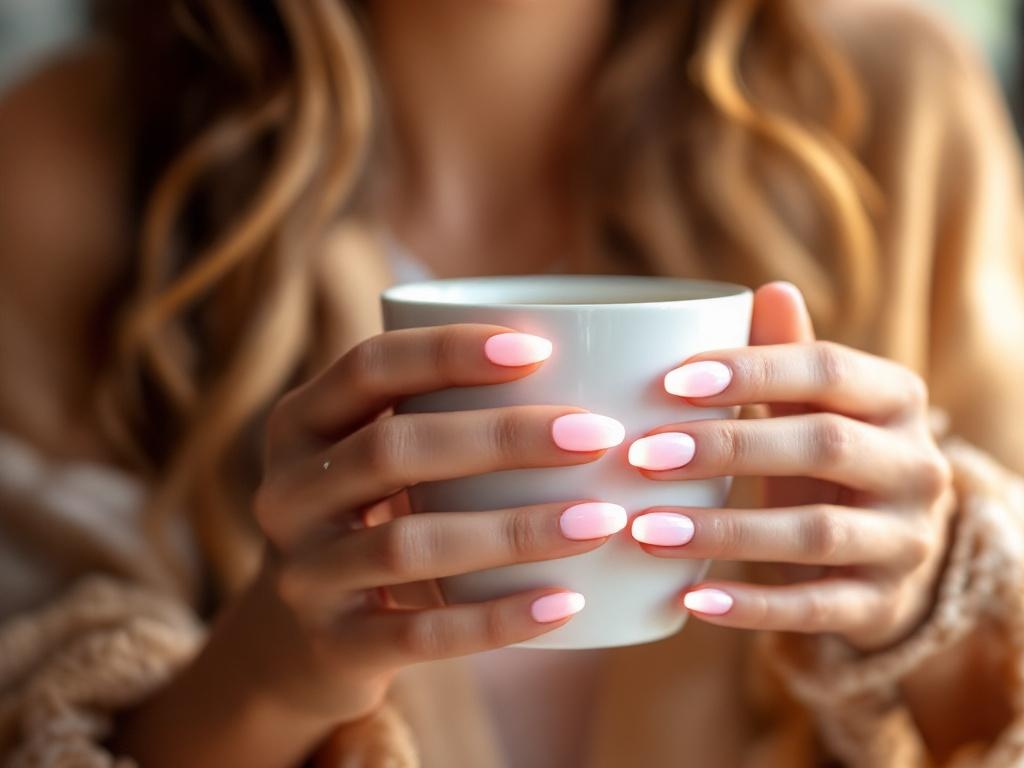 Woman at brunch holding coffee cup, nails glowing pink