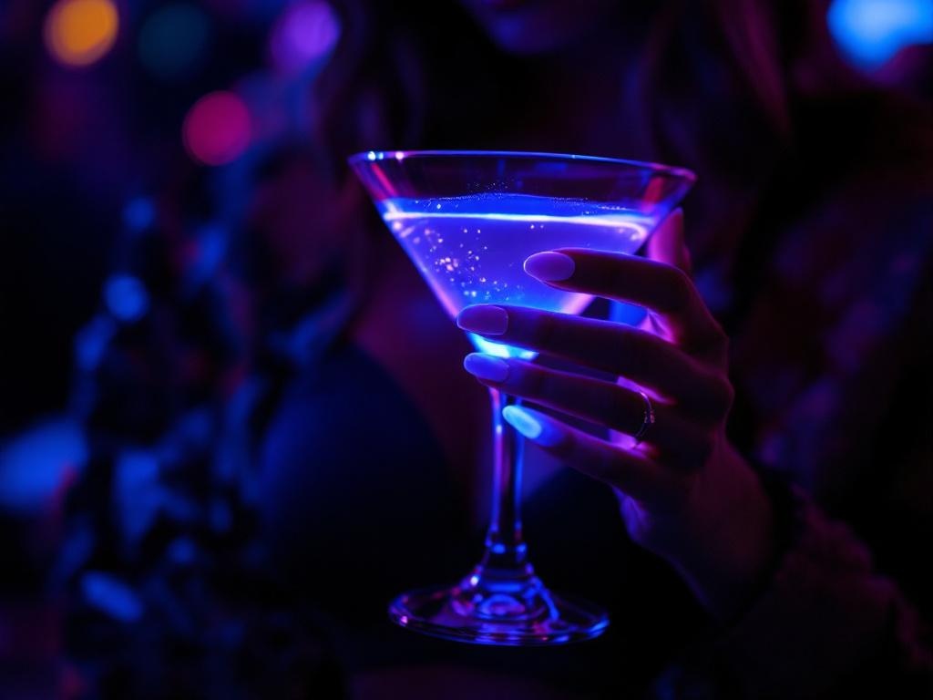 Woman at a bar holding cocktail, nails glowing blue-purple