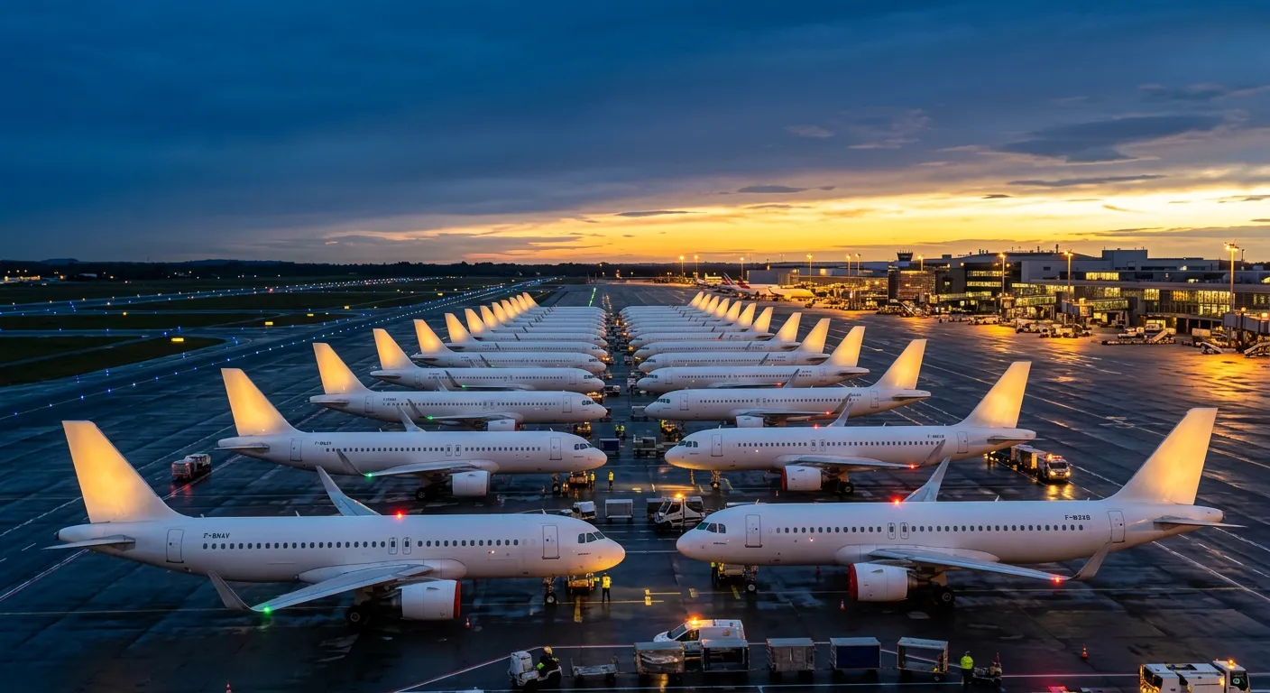 Row of commercial aircraft parked on tarmac