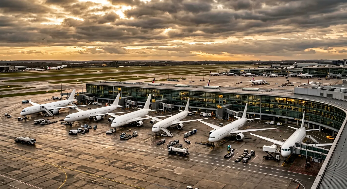 Fleet of commercial aircraft at airport terminal gate
