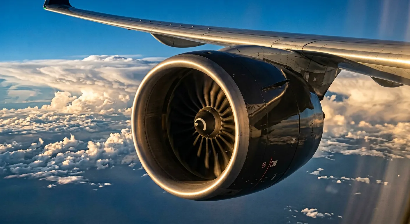 Close-up of a commercial aircraft turbine engine