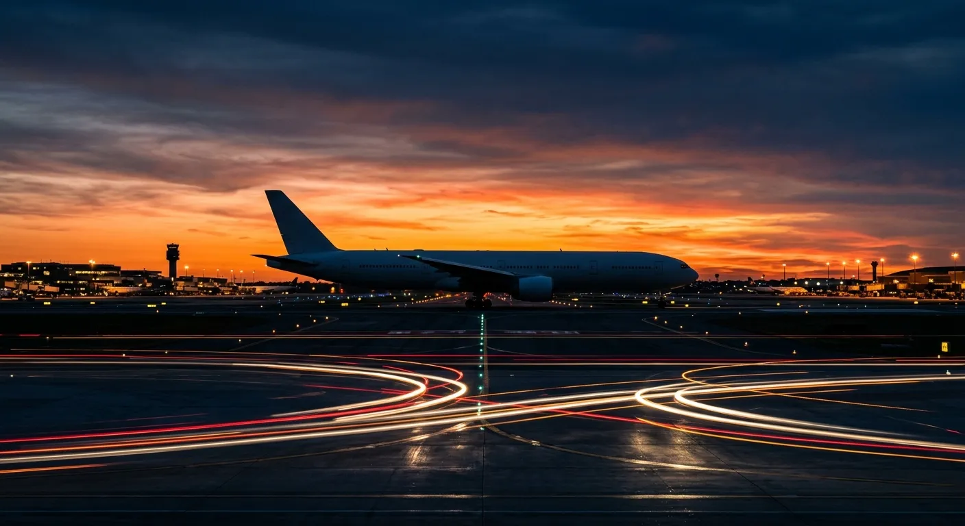 Commercial aircraft silhouette against golden sunset sky
