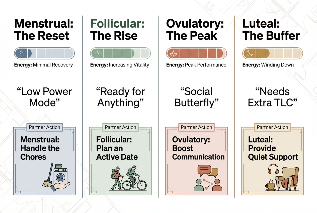 A four-column infographic explaining the menstrual cycle phases for partners, featuring partner-focused action tips and energy level indicators.