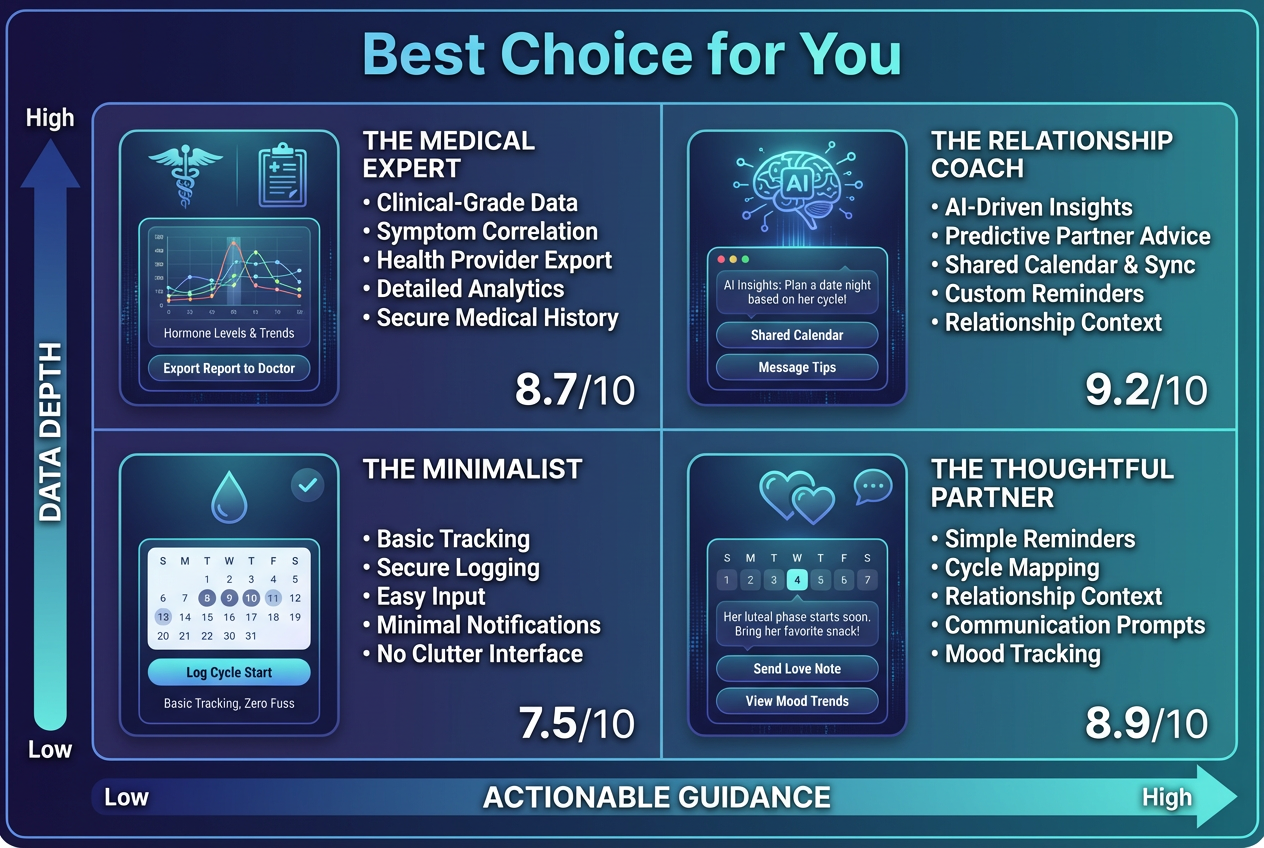 A 2x2 comparison matrix categorizing period tracking apps by data depth and actionable relationship guidance to help couples choose the right tool.