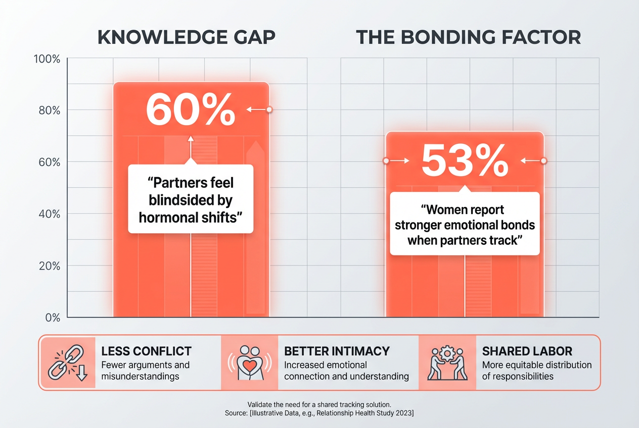 Bar charts showing that 60 percent of partners feel blindsided by cycle shifts and 53 percent of women report stronger bonds through shared tracking.