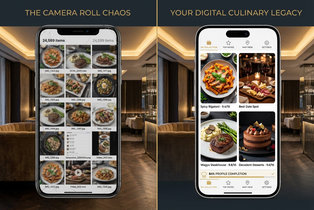 Comparison between a messy smartphone camera roll and an organized restaurant review app interface for foodies.