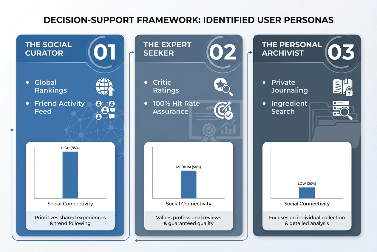 A decision framework graphic comparing Social Curator, Expert Seeker, and Personal Archivist personas for choosing a restaurant review app.