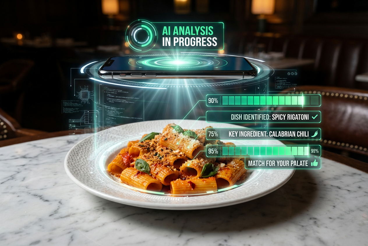 Conceptual visualization of an AI-powered app identifying a pasta dish and analyzing ingredients via a smartphone camera.