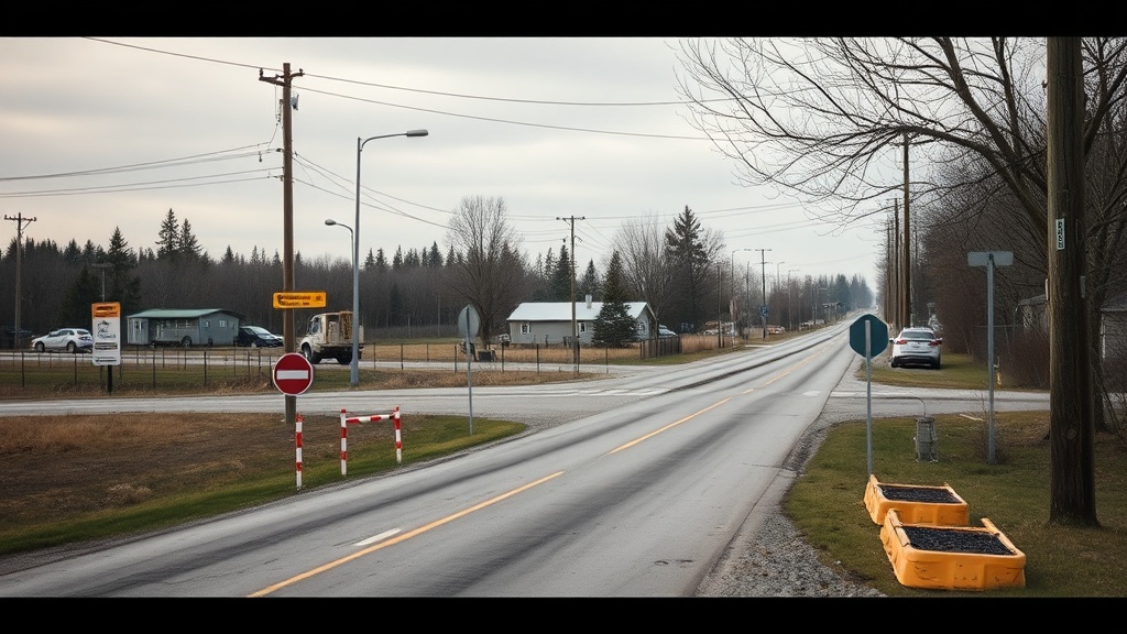 Photo of a rural New Brunswick community with a focus on access roads and community hubs, evoking a sense of connectivity and mobility improvement.