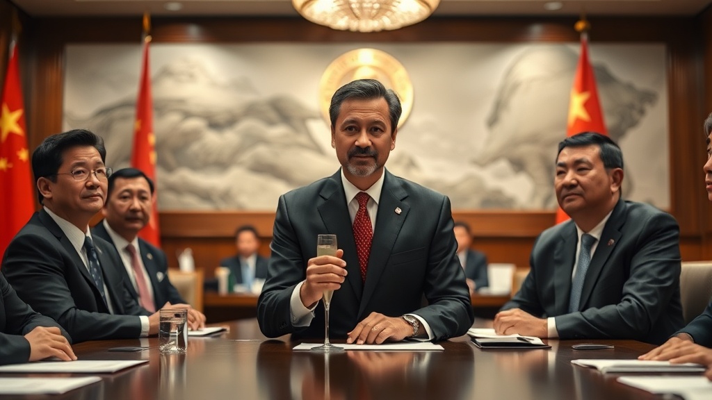 A professional, documentary-style photo capturing Minister François-Philippe Champagne in a formal meeting with Chinese business leaders in Beijing, highlighting international diplomacy and trade discussions.