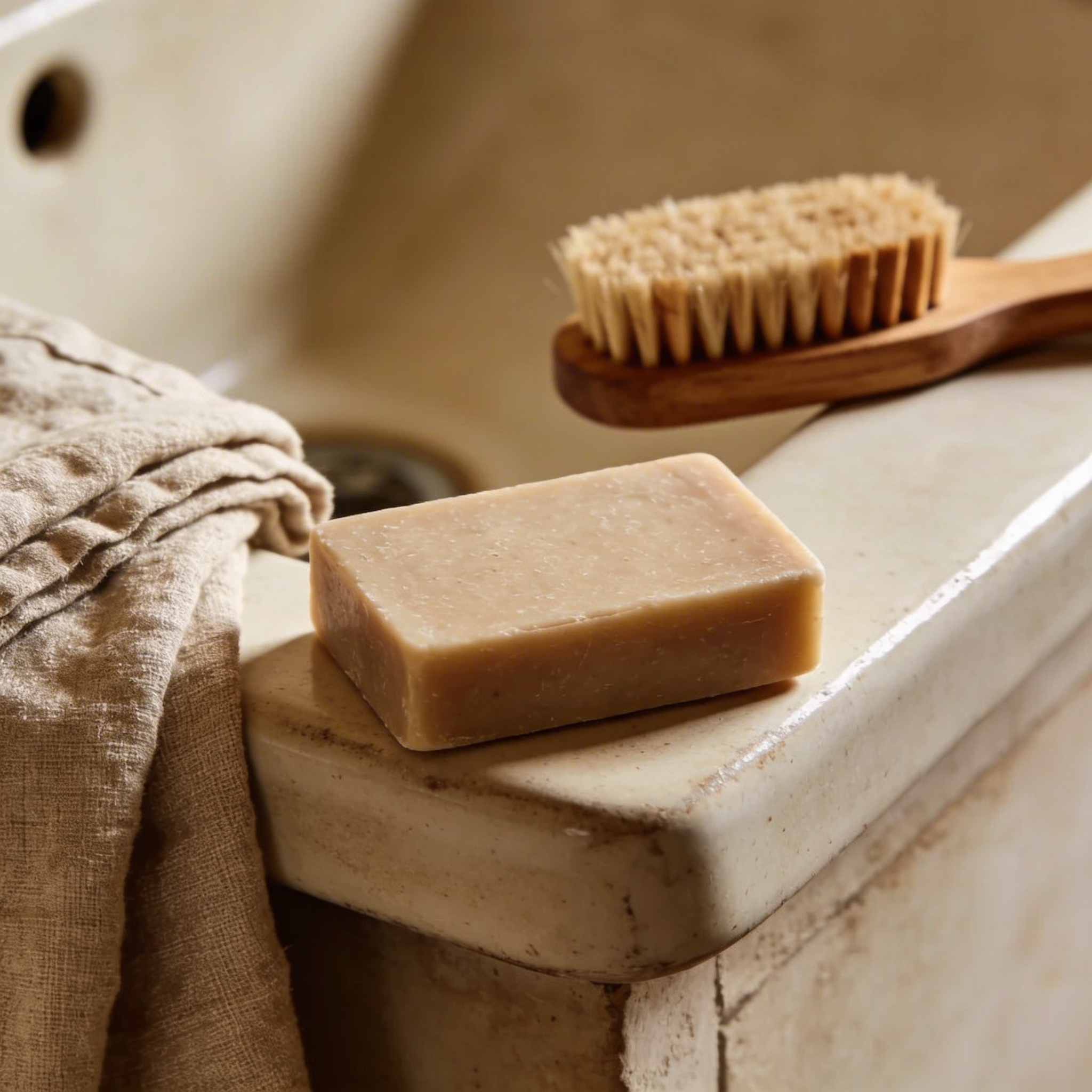 routine salle de bain avec savon doux et accessoires naturels
