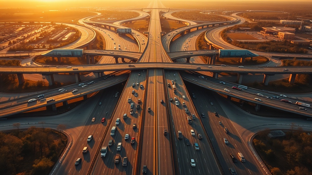 Vista aérea de rodovias americanas mostrando a infraestrutura de mobilidade que sustenta a demanda por renda extra carro nos EUA