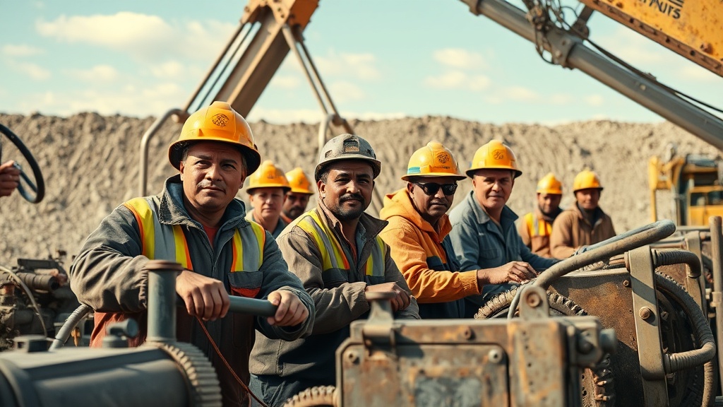 Photograph of a diverse group of skilled workers operating machinery in a bustling Ontario mining site, showcasing multicultural collaboration and modern technology, clear skies in the background.
