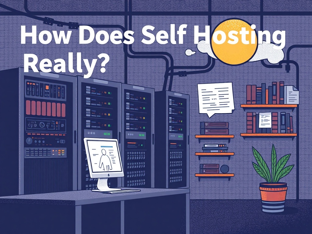 Illustration of a person managing a personal server for self-hosting websites and data.