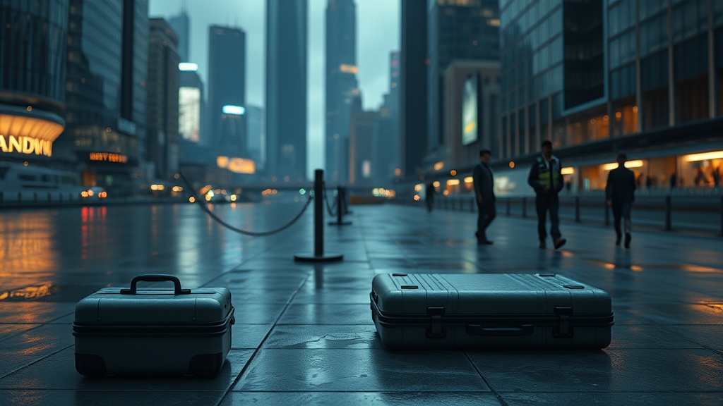 Suitcase at riverfront, cinematic still suggesting a scene of investigation