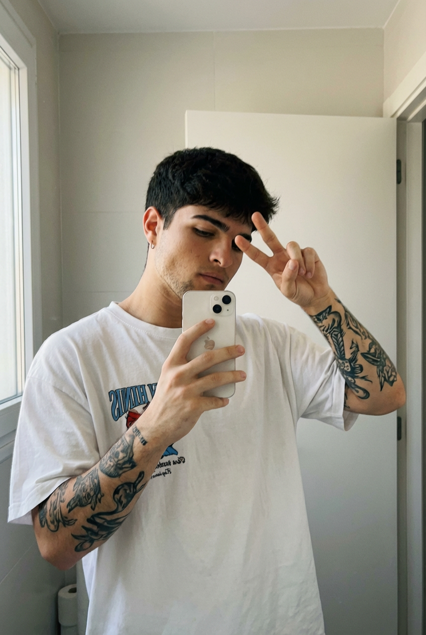 Subject : [blank] The most real and human possible, create an image that looks like a selfie taken with an iPhone in a mirror, captured in portrait orientation with a 2:3 aspect ratio. There should be no clear subject or specific composition — just a casual, unintentional snapshot. The subject holds a light-colored iPhone in one hand and raises the other hand in a relaxed peace sign near the face, standing slightly angled toward a simple bathroom mirror. Keep the exact look from the reference: an oversized white graphic T-shirt, a small hoop earring, and the visible black-ink tattoos covering both forearms, with the tattoo designs clearly preserved as part of the look. The setting is a minimal indoor bathroom with plain light walls, a clean mirror frame, and soft natural-looking ambient light that feels flat and real, like daylight coming through a nearby window. It has slight, natural motion blur from a quick handheld capture. No color grading, no stylization, no cinematic look. The tone must be neutral, not too cool, not too warm. The background must be fully sharp and in focus — no bokeh, no depth-of-field effect, no portrait mode. Framing: off-center, a bit crooked, part of the face sharply captured, with the phone partly blocking the torso in an ordinary mirror-snap composition. Use realistic iPhone camera behavior with subtle indoor softness, authentic skin and fabric texture, and natural mirror reflections. It must not look AI-generated, but rather like it was taken by a real person. [DO NOT CHANGE SUBJECT/S' FACIAL FEATURES] | User Input: N/A