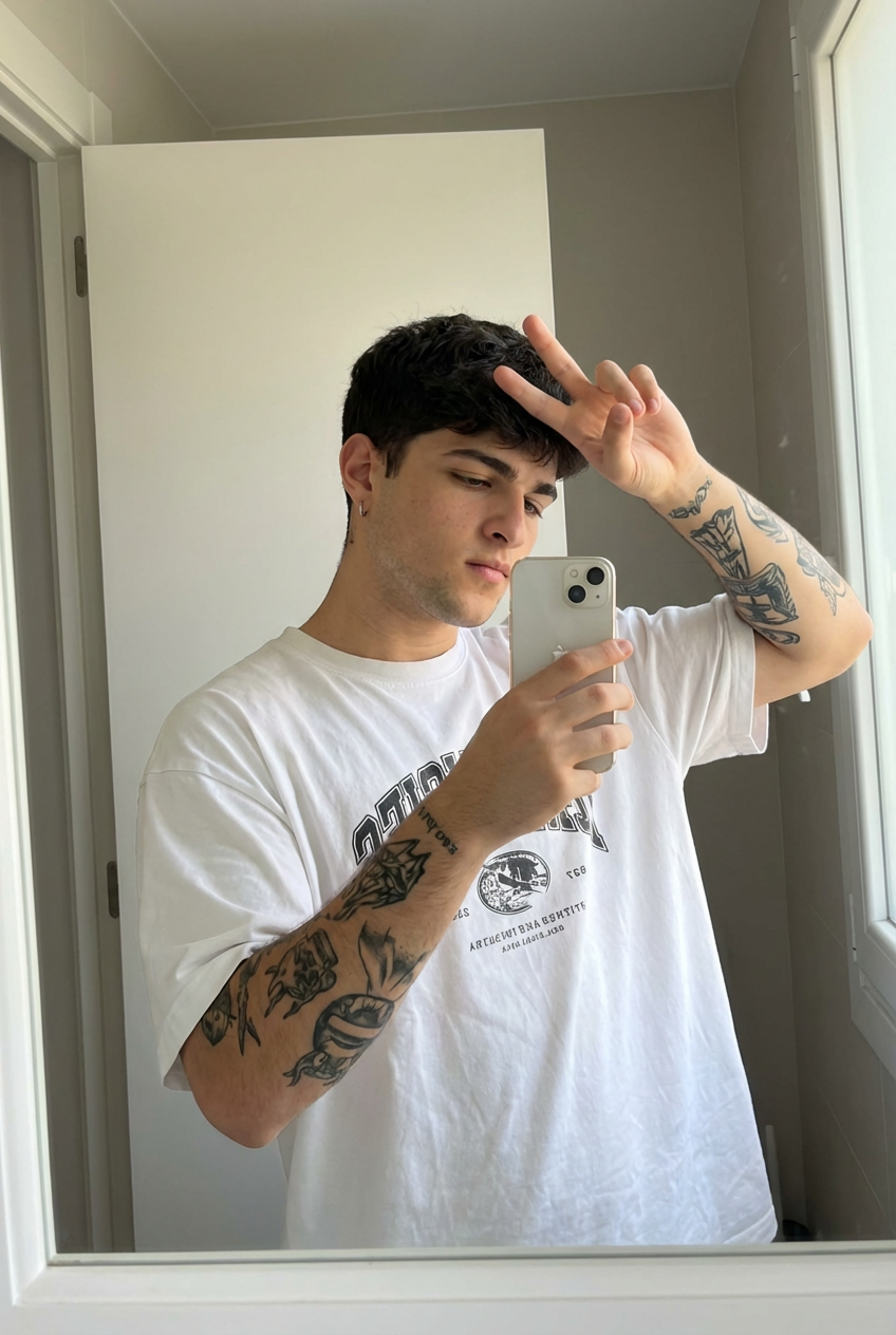 Subject : [blank] The most real and human possible, create an image that looks like a selfie taken with an iPhone in a mirror, captured in portrait orientation with a 2:3 aspect ratio. There should be no clear subject or specific composition — just a casual, unintentional snapshot. The subject holds a light-colored iPhone in one hand and raises the other hand in a relaxed peace sign near the face, standing slightly angled toward a simple bathroom mirror. Keep the exact look from the reference: an oversized white graphic T-shirt, a small hoop earring, and the visible black-ink tattoos covering both forearms, with the tattoo designs clearly preserved as part of the look. The setting is a minimal indoor bathroom with plain light walls, a clean mirror frame, and soft natural-looking ambient light that feels flat and real, like daylight coming through a nearby window. It has slight, natural motion blur from a quick handheld capture. No color grading, no stylization, no cinematic look. The tone must be neutral, not too cool, not too warm. The background must be fully sharp and in focus — no bokeh, no depth-of-field effect, no portrait mode. Framing: off-center, a bit crooked, part of the face sharply captured, with the phone partly blocking the torso in an ordinary mirror-snap composition. Use realistic iPhone camera behavior with subtle indoor softness, authentic skin and fabric texture, and natural mirror reflections. It must not look AI-generated, but rather like it was taken by a real person. [DO NOT CHANGE SUBJECT/S' FACIAL FEATURES] | User Input: N/A