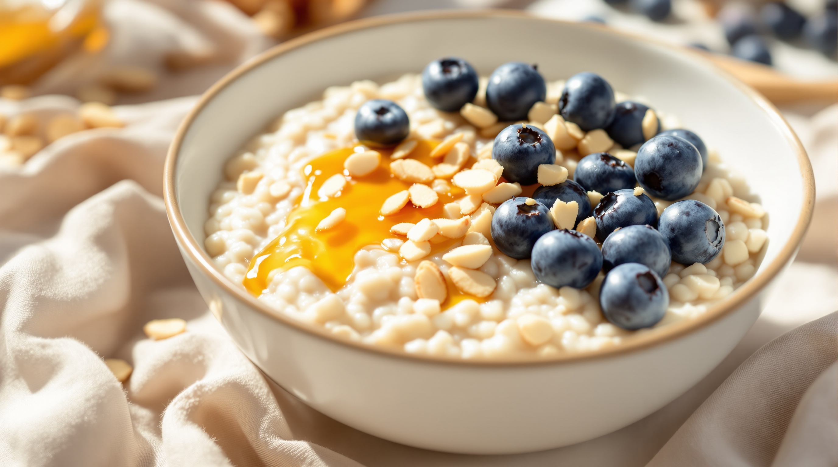 블루베리와 아몬드가 토핑된 클래식 오트밀 죽