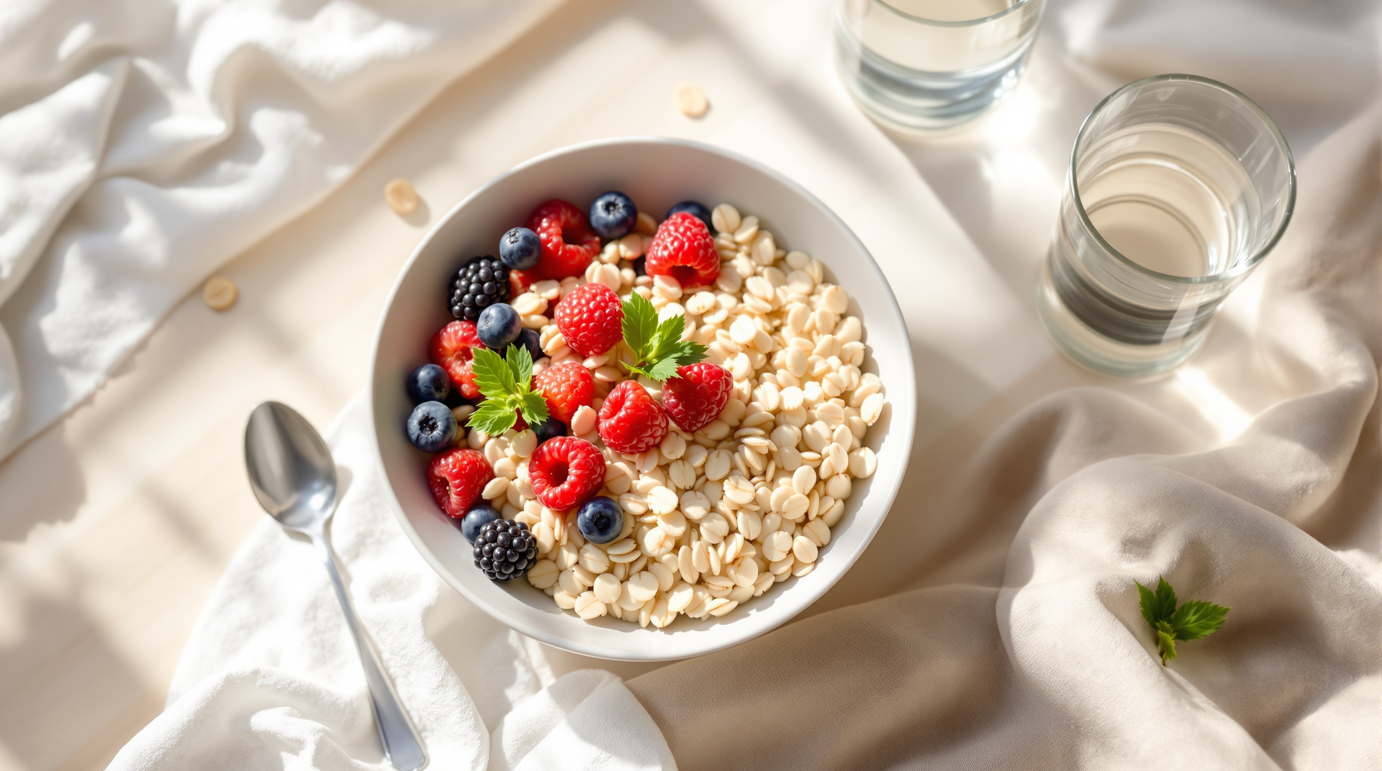 건강한 아침 식탁, 오트밀과 신선한 베리, 물 한 잔
