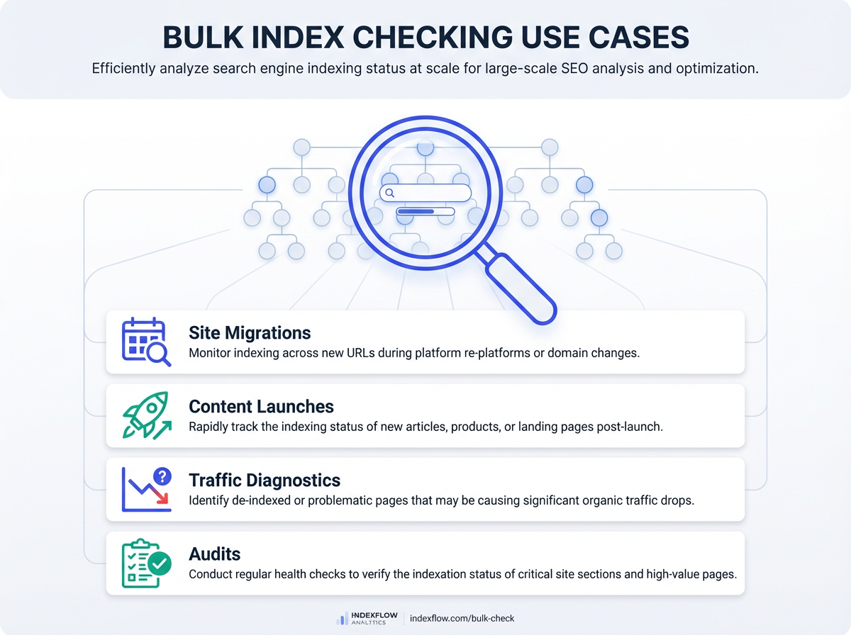 Infographic summarizing the key use cases for bulk index checking.