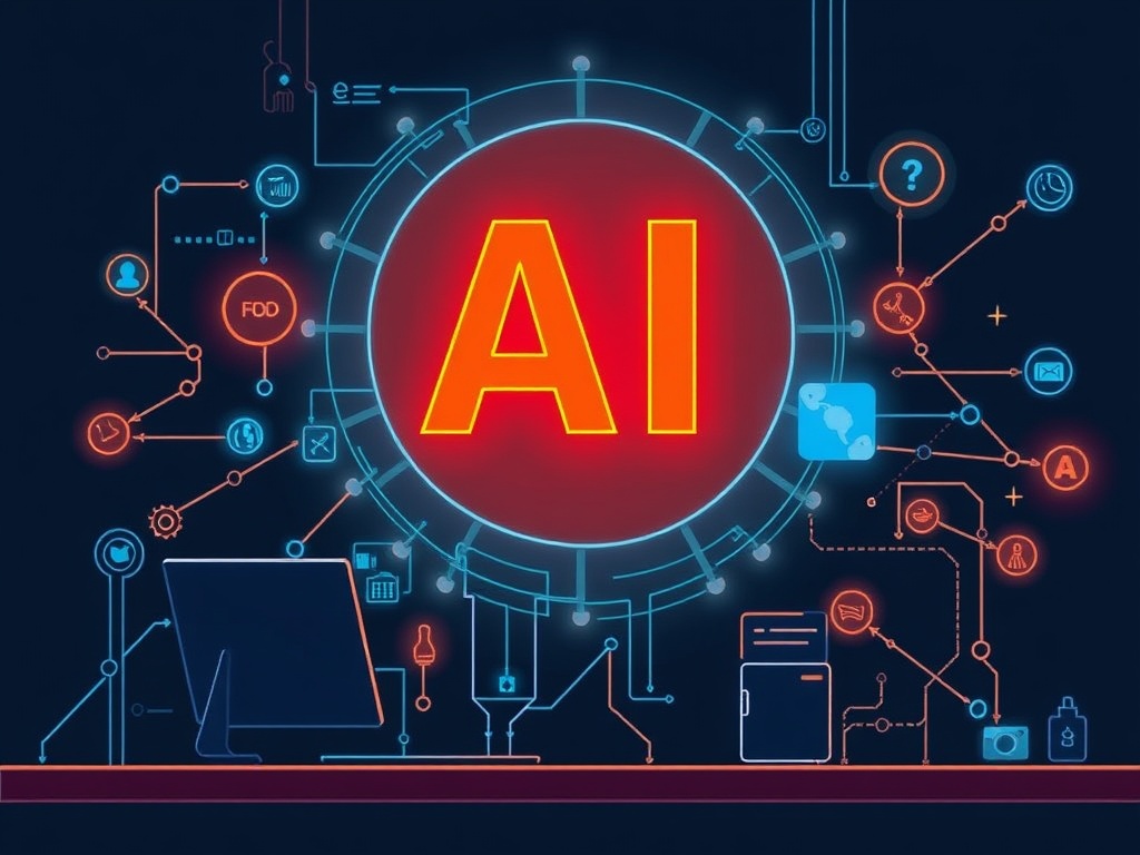 Illustration of small business owners using AI tools to boost productivity and growth.