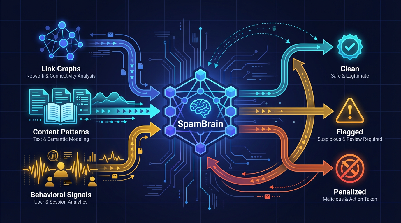 SpamBrain AI spam detection architecture diagram